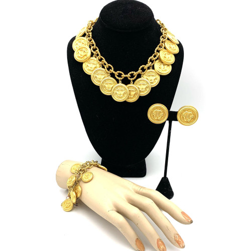 1980s - 90s MISH Golden Coin Necklace Bracelet & Clip On Earring SET