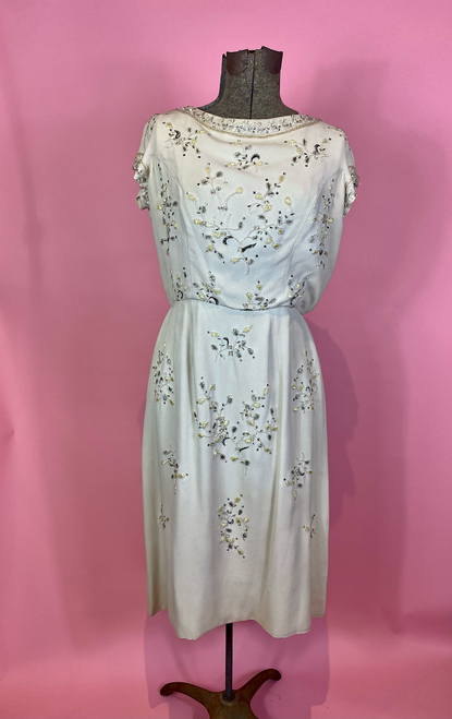 1950s Cream Silk Beaded Embroidered Dress