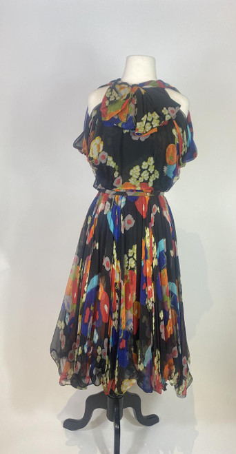 1950s - 1960s Silk Chiffon Floral Bow Front Dress
