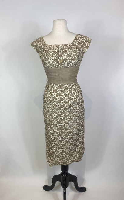 1950s - 1960s Linen Cutwork Lace & Silk Chiffon Wiggle Dress 1950s - 1960s Linen Cutwork Lace & Silk Chiffon Wiggle Dress