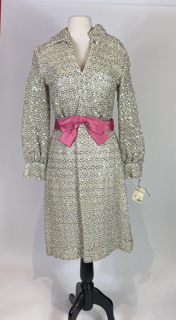 1960s - 1970s Lee Jordan Silver Sequin Pink Bow Dress