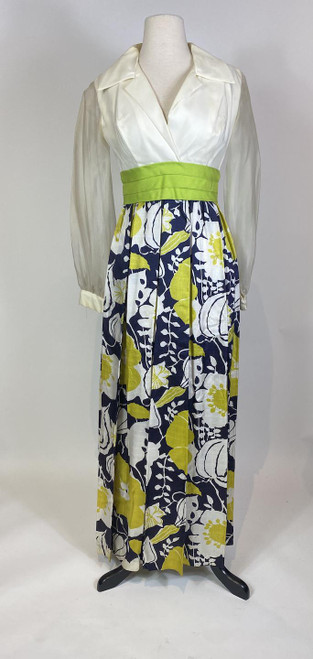 1970s Chiffon Sleeve Green White and Navy Floral Maxi Dress
