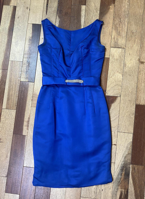 Mid Century Blue Satin Rhinestone Belt Dress