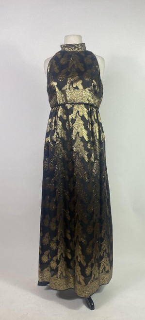1960s Gold Metallic Brocade Mock Neck Maxi Dress / Gown