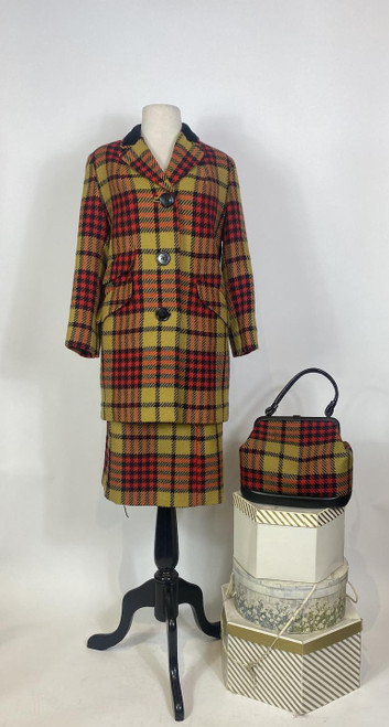 1960s Plaid Wool Jacket Skirt and Purse 3 pc. Set