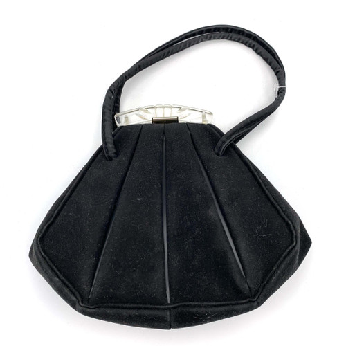 1930s-40s Lucite Clasp Fan Shaped Black Velvet Purse