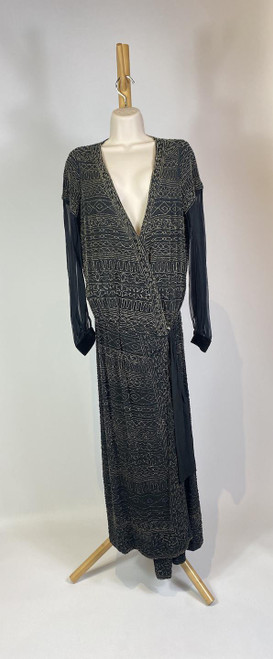 1920s Black Beaded Long Sleeve Maxi Gown with Long Sleeves