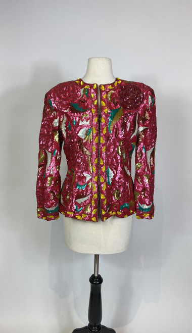 1980s Sequin Rose Print Jacket Silk Lined