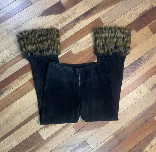 1990s - Y2K Wilsons Maxima Black Leather Faux Fur Trim Pants