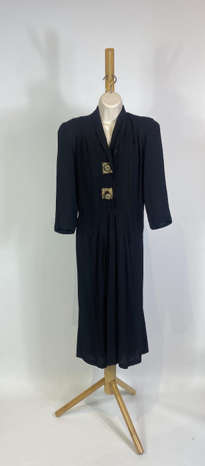 1940s Black Rayon Gold Embroidered Midi Dress