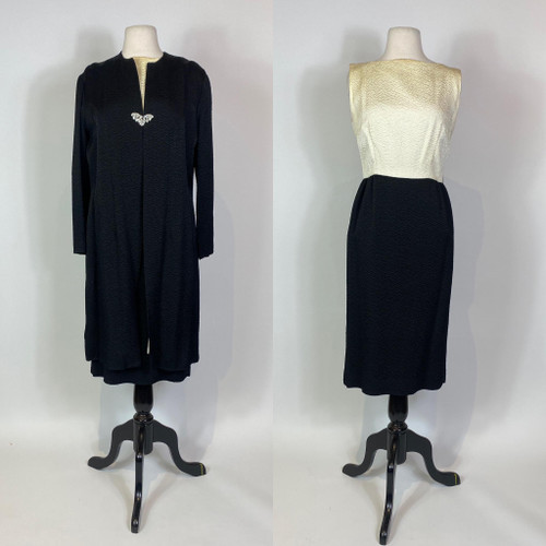1950s Mid Century Textured White and Black Dress and Jacket 2 Piece Set