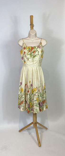 1950s Cover Girl Cream with Multicolor Floral Print Cotton Swing Dress