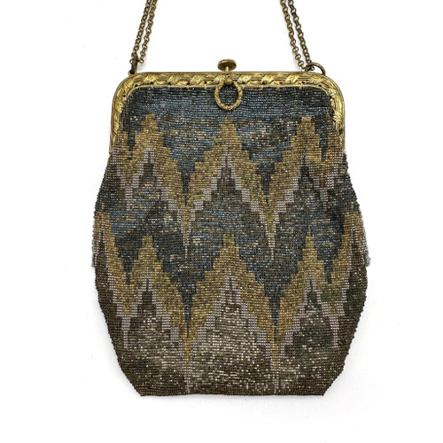 1920s Zig Zag Beaded Golden Brass Frame Chain Handle Purse