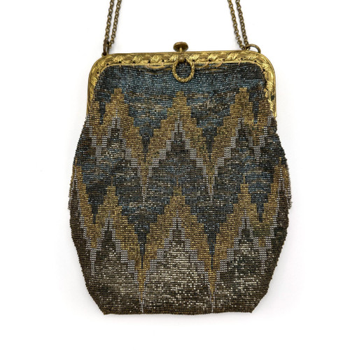 1920s Zig Zag Beaded Golden Brass Frame Chain Handle Purse