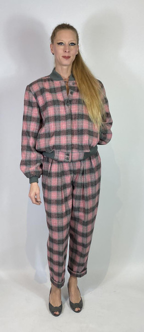 1980s Plaid Wool Bomber Jacket and Cropped Pant Two Piece Set