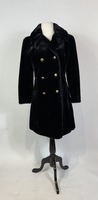 1960s - 1970s Black Plush Faux Fur Mod Peacoat with Gold Buttons