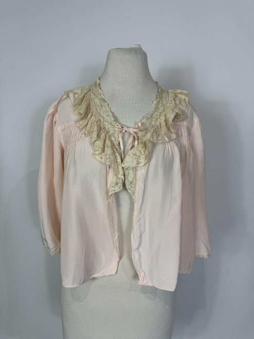 1940s - 1950s Pink and Cream Lace Trim Bed Jacket