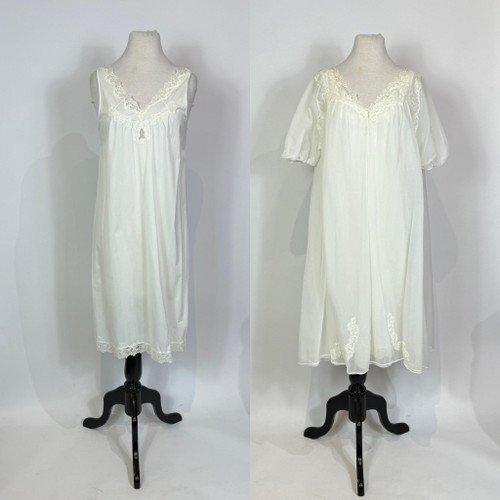 1960s Kayser White Chiffon Lace Trim Peignoir Slip and Robe Set