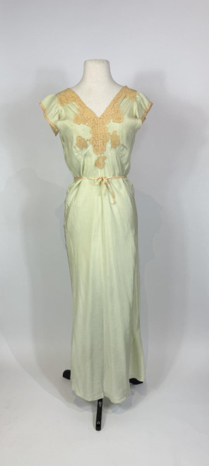 1930s - 1940s Pistacchio Green Lace Maxi Slip Dress