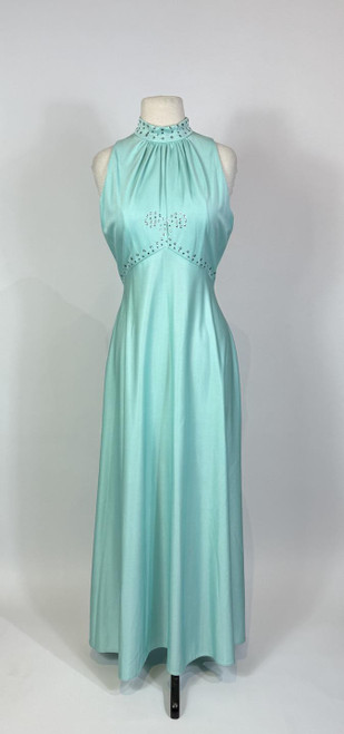 1970s Turquoise Blue Silver Sequin Disco Maxi Dress
