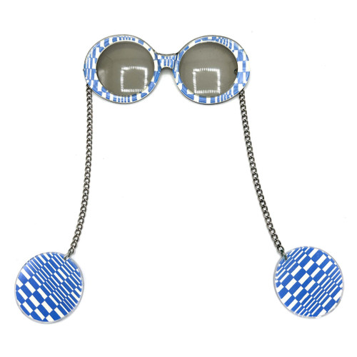 1960s Mod Blue And White Checkered Round Chain Arm Sunglasses