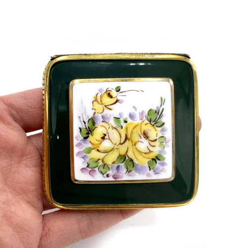 1970s Hand Painted Floral Porcelain Golden Metal Hardware Square Compact