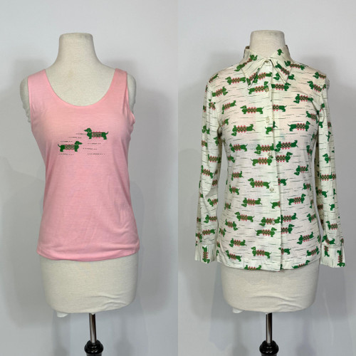 1970s Dachshund Dog Novelty Print Two Piece Tank and Blouse Set