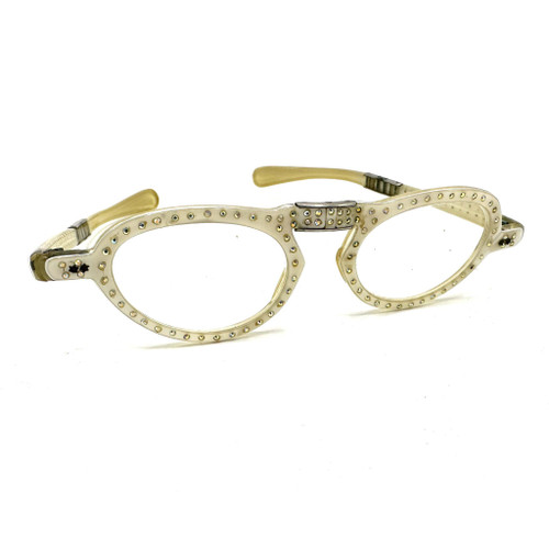 1950s Off White Rhinestone Inlay Folding Pocket Glasses