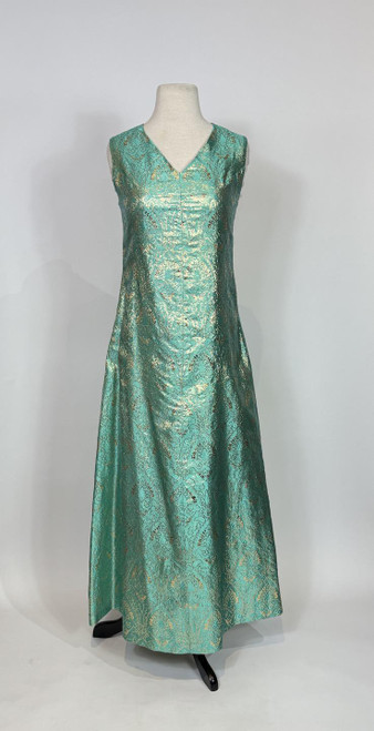 1960s Turquoise & Gold Psychedelic Print Metallic Silk Gown