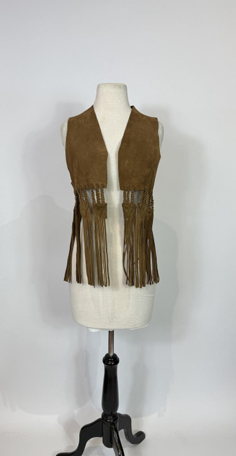 1970s Brown Suede Leather Braided Fringe Vest Hippie