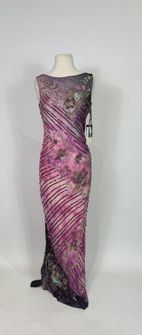 Y2K Terani Couture Pink Purple Silk Beaded Maxi Gown Deadstock NWT