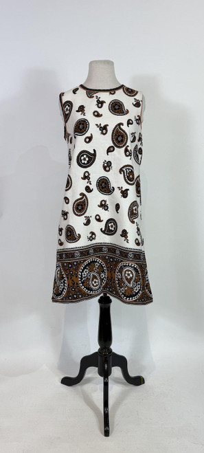 1960s Brown Paisley Print Mod Mini Shift Dress