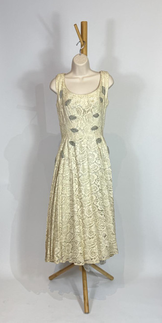 1950s Cream Lace Blue Chiffon Ribbon Swing Party Dress