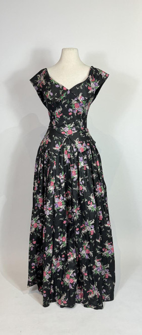 1950s Floral Print Cotton Off the Shoulder Swing Gown