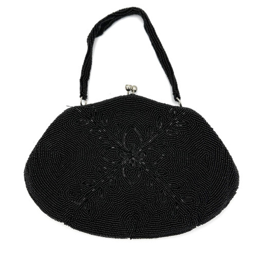 1950s Black Beaded Floral Top Handle Kiss Lock Oblong Purse