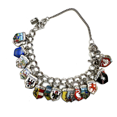 1950s - 60s Sterling Silver 800 German European City Travel Crest Charm Bracelet
