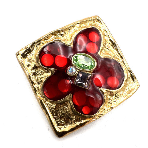 1990s Christian Lacroix Red Flower Rhinestone Detail Enamel Golden Metal Brooch