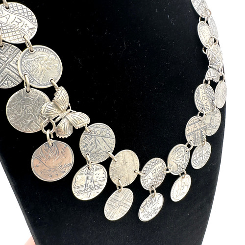 1970s Victorian Inspired Love Token Necklace Sterling Silver Chain Link Necklace