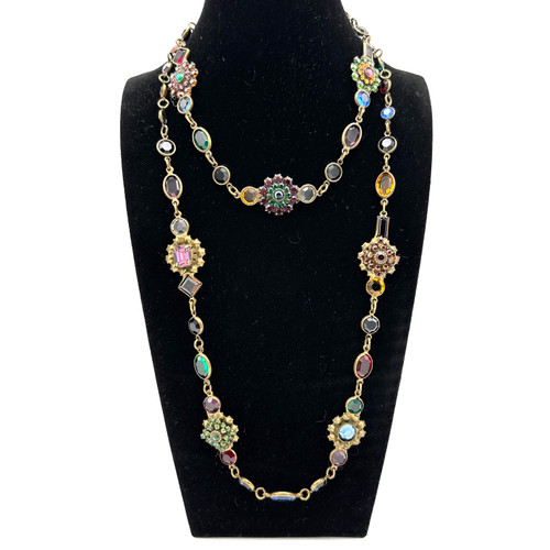 1980s Sorelli Rainbow Multicolor Glass Stone Chain Link Necklace And Choker Set 1980s Sorelli Rainbow Multicolor Glass Stone Chain Link Necklace And Choker Set