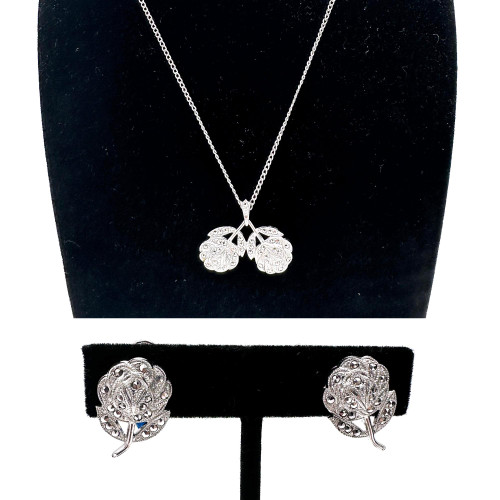 1950s Sterling Silver Moissanite Rose Motif Pendant Necklace And Clip On Earring Demi-Parure SET 1950s Sterling Silver Moissanite Rose Motif Pendant Necklace And Clip On Earring Demi-Parure SET