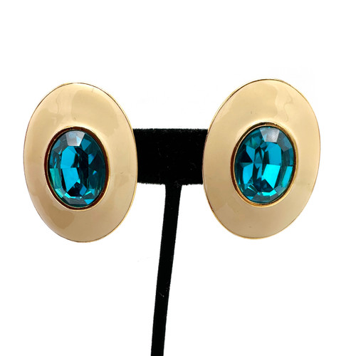 1980s - 90s Yves Saint Laurent Blue Glass Gem Gold Tone Oval Clip On Earrings