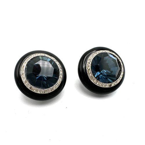 1990s Kenneth Jay Lane Blue Glass Gem Rhinestone Detail Round Clip On Earrings