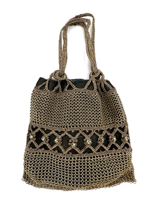 1990s Nancy Bacich Golden Chainmail Crochet Rhinestone Detail Mini Bag
