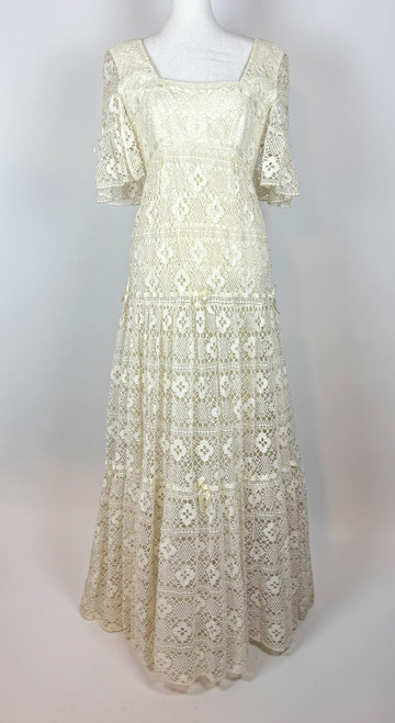 1970s Roten London Couture Crochet Prairie Gown