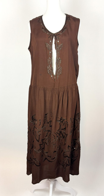 1920s Brown Silk Embroidered Flapper Dress