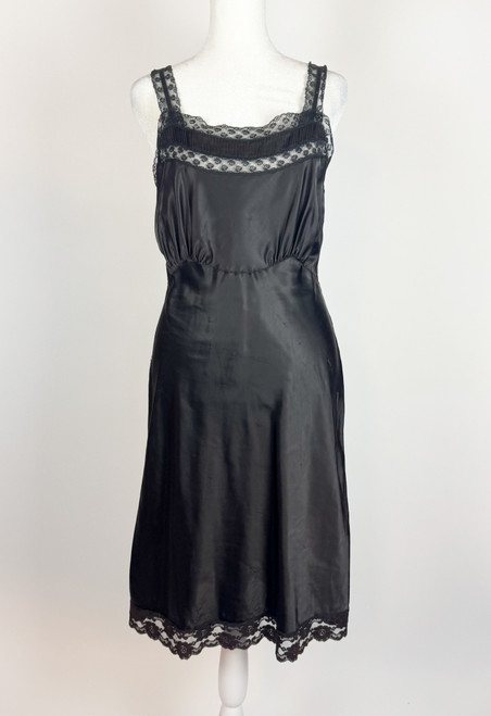 1940s - 1950s Barbizon Black Satin and Lace Slip Dress