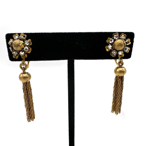 1940s -50s MIRIAM HASKELL Gold Tone Flower Rhinestone Tassel Clip On Earrings