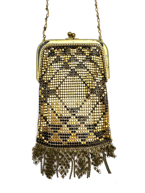 1920s Whiting And Davis Gold & Black Enamel Art Deco Metal Mesh Dancing Purse
