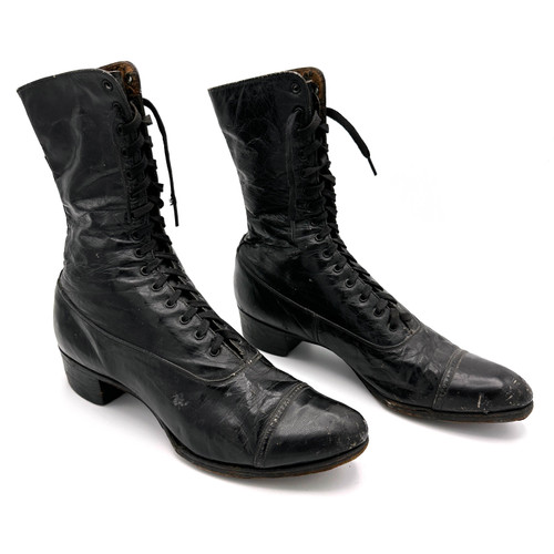 Victorian Antique Black Leather Lace Up Cats Paw Heel Boots