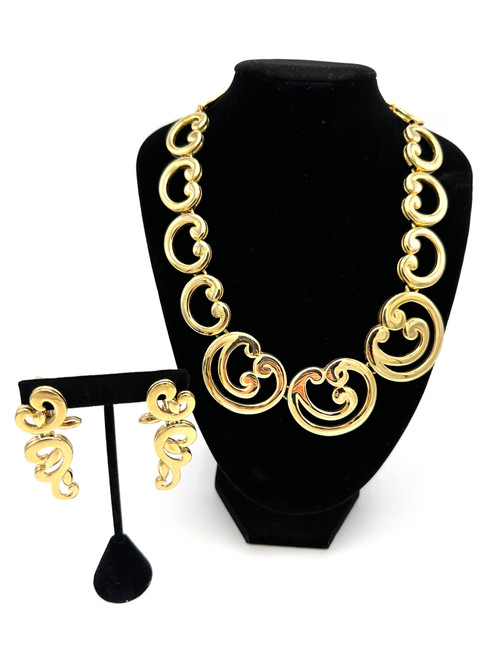 1990s - Y2K GIVENCHY Golden Swirl Scroll Chain Link Necklace And Earring Set